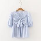 Plain Bow Short-sleeve Blouse Blue - One Size
