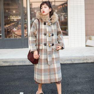 Plaid Furry Hood Toggle Coat