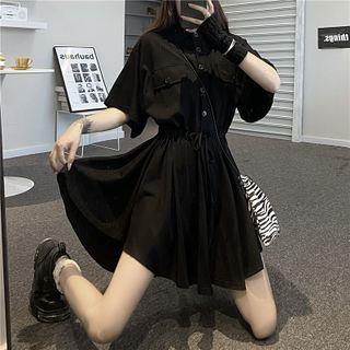 Elbow-sleeve Mini A-line Shirt Dress Black - One Size