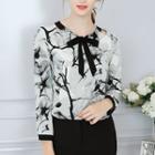 Bow Accent Printed Cutout Blouse