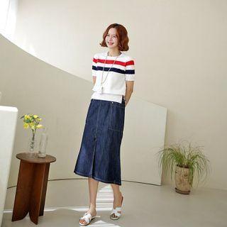 Band-waist Slit-front Denim Midi Skirt