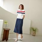 Band-waist Slit-front Denim Midi Skirt