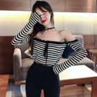 Striped Off-shoulder T-shirt As Shown In Figure - One Size