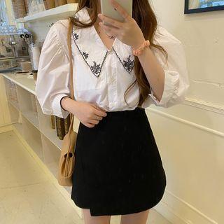 Balloon-sleeve Embroidered Blouse White - One Size