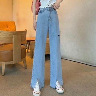 Cutout Slit-hem Wide Leg Jeans