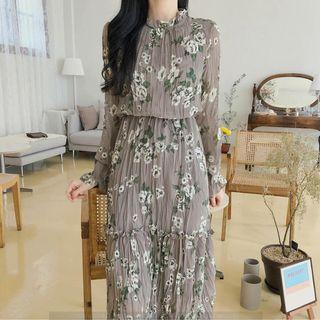 Stand Collar Gather-waist Floral Print Dress