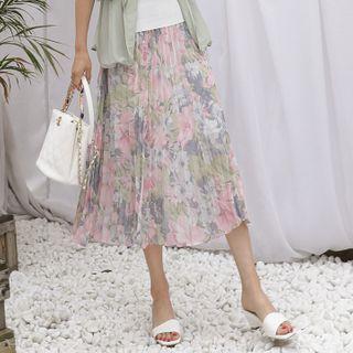 Floral Long Accordion-pleat Skirt