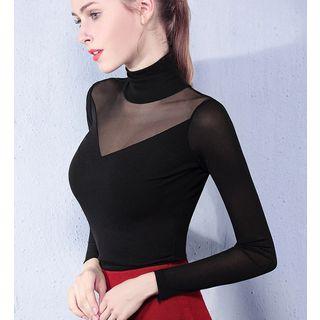 Mock Turtleneck Long-sleeve Mesh Panel Dance Top