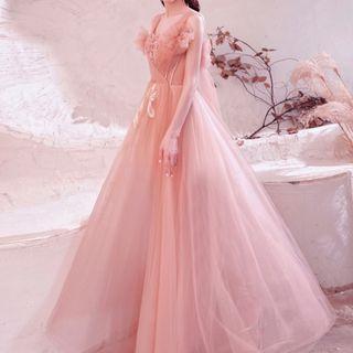 Wide Strap Mesh Floral A-line Evening Gown