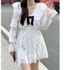 Long-sleeve V-neck Lace Mini A-line Dress Dress - White - One Size