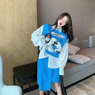 Plain Shirt / Asymmetric Hem Knit Skirt