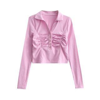 Long-sleeve Collared Henley Ruched Cropped T-shirt