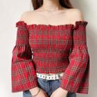Off-shoulder Long-sleeve Smocked Cropped Top