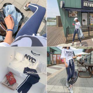 Set: Nyc Lettering T-shirt + Drawcord Contrast-piping Leggings