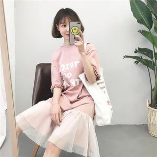 Lettering Mesh Panel Loose-fit Short-sleeve Dress