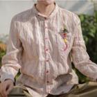 Long-sleeve Floral Embroidered Striped Button-up Blouse.