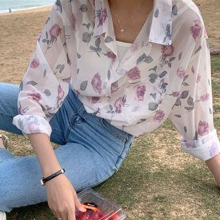 Long-sleeve Floral Chiffon Shirt White - One Size