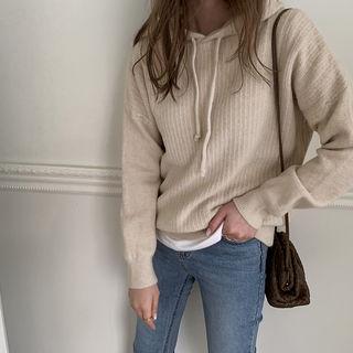 Drop-shoulder Rib-knit Hoodie