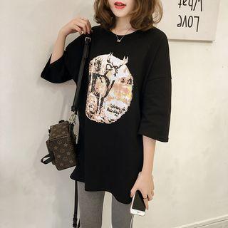 Deer Print Elbow-sleeve Long T-shirt