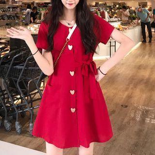 Short-sleeve Heart Button A-line Dress