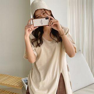 Short-sleeve Slit-hem T-shirt Beige - One Size