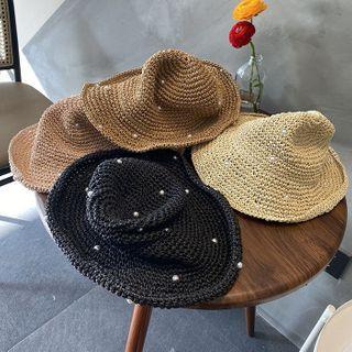Faux Pearl Straw Bucket Hat