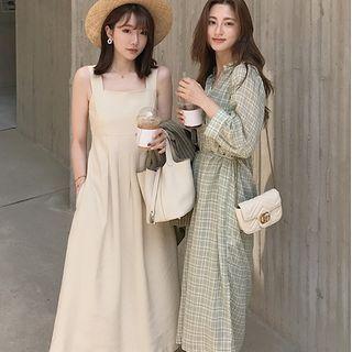 Plaid 3/4-sleeve Blouse / Midi A-line Dress