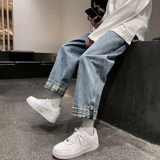 Plaid Trim Baggy Jeans