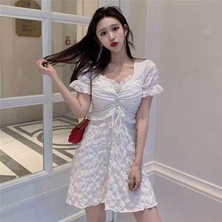 Textured Drawstring Mini Dress White - One Size