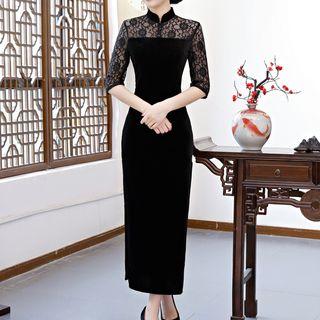 Elbow-sleeve Midi Qipao Dress