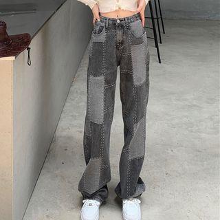 Washed Plaid Wide Leg Jeans