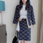 Long-sleeve Contrast Trim Printed Cardigan / High-waist Contrast Trim Printed Knit Skirt