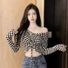 Long-sleeve V-neck Two-tone Print Crop Top