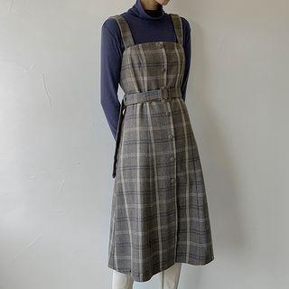 Button-trim Plaid Midi Overall Dress With Belt