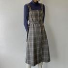 Button-trim Plaid Midi Overall Dress With Belt