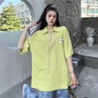 Elbow-sleeve Lace-up Oversized Polo Shirt