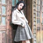 Set: Furry Jacket + Sleeveless Plaid A-line Dress