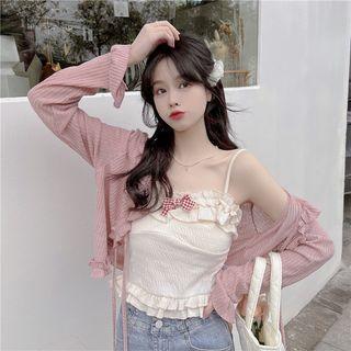 Long-sleeve Plain Cardigan / Spaghetti Strap Ruffle-trim Top