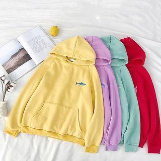 Shark Embroidered Fleece Long-sleeve Hooded Sweatshirt