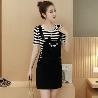 Short-sleeve Striped T-shirt / Denim Mini Jumper Dress / Undershorts / Set