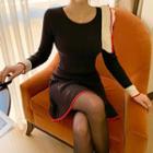 Contrast-trim Flared Rib-knit Bodycon Dress Black - One Size