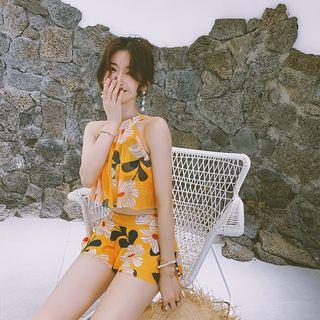 Set: Floral Print Halter Neck Bikini Top + Swim Skirt