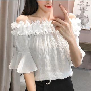 Frill Trim Off Shoulder Elbow Sleeve Chiffon Blouse