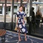 Elbow-sleeve Flower-print Midi Dress With Sash