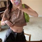 Short-sleeve Leopard Print Polo Shirt Leopard - Light Coffee - One Size
