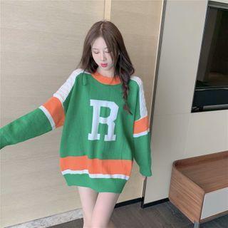 Crewneck Printed Letter Color-block Sweater As Shown In Figure - One Size