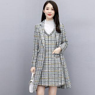Tweed Coat / Mini A-line Overall Dress / Blouse / Set