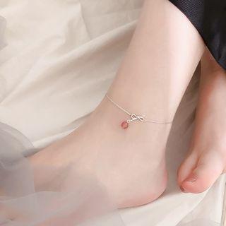 925 Sterling Silver Bow & Bead Anklet Red & Silver - One Size