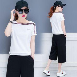 Set: Striped Trim Short-sleeve T-shirt + Cropped Wide-leg Pants
