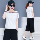 Set: Striped Trim Short-sleeve T-shirt + Cropped Wide-leg Pants